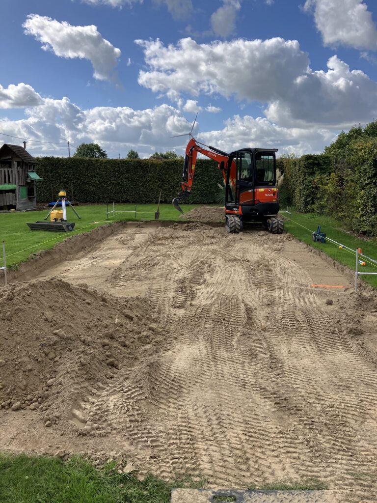 Uitgegraven en vlak afgewerkte zone voor de fundering met minigraver en laser